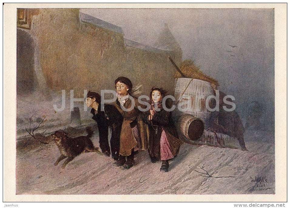painting by V. Perov - Troika , 1866 - children - sledge - dog - Russian art - 1951 - Russia USSR - unused - JH Postcards