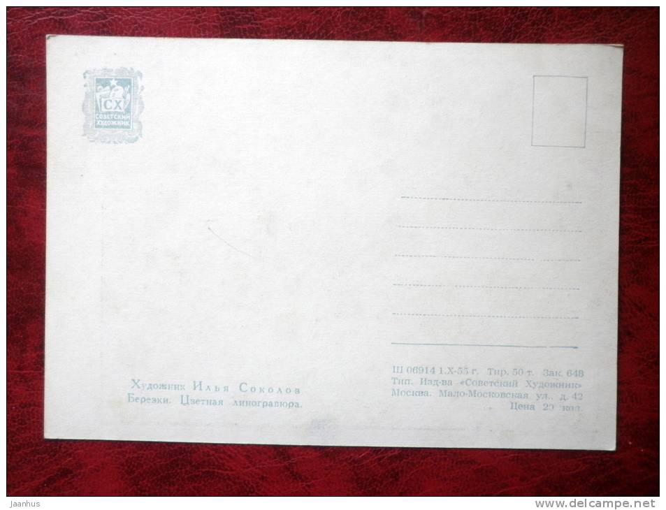 Engraving by I. Sokolov - birches - nature - russian art - unused - JH Postcards