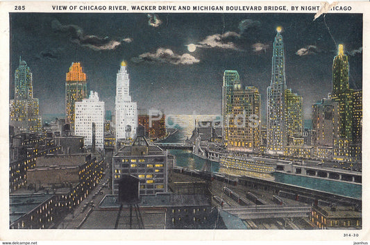 View of Chicago River - Wacker Drive and Michigan Boulevard Bridge - old postcard - 1930 - United States USA - used - JH Postcards