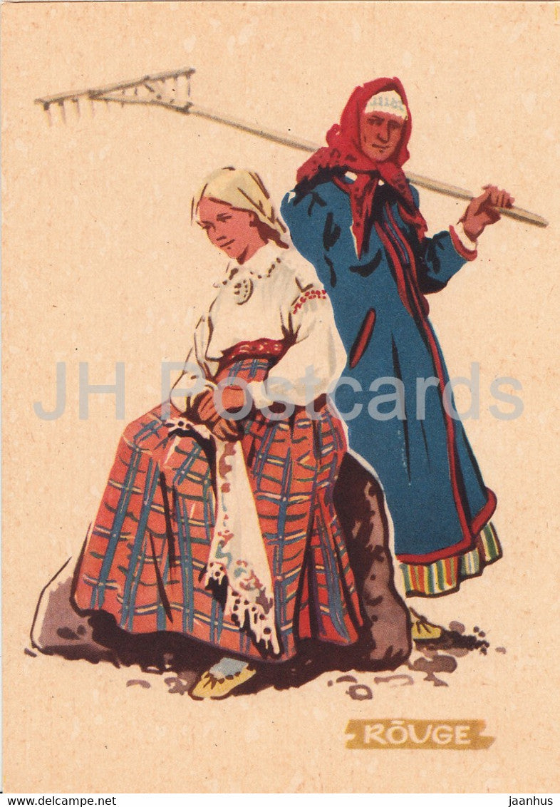 Estonian Folk Costumes - Rouge - illustration by A. Vender - 1960 - Estonia USSR - unused - JH Postcards