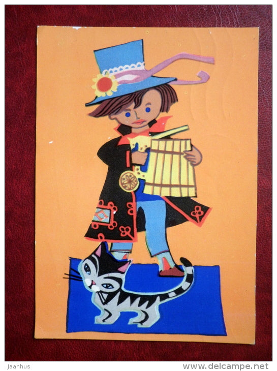 New Year Greeting card - folk costumes - beer mug - cat - 1970 - Estonia USSR - used - JH Postcards