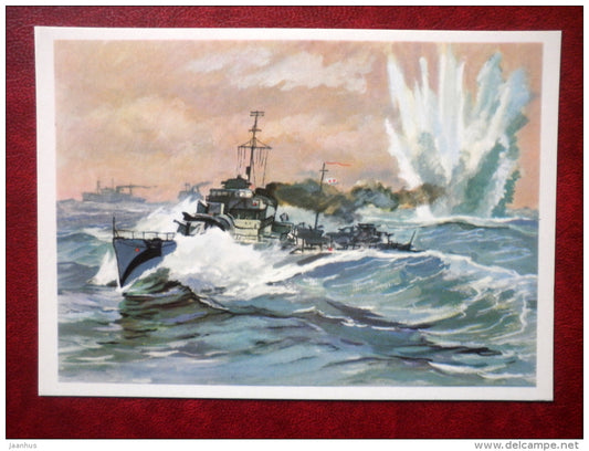 The destroyer Gremyaschy attacks enemy submarine  - by P. Pavlinov - WWII - warship - 1974 - Russia USSR - unused - JH Postcards