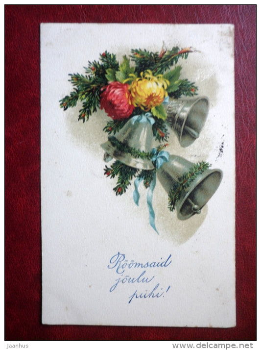 Christmas Greeting Card - bells - flowers - SER 1954 - circulated in Estonia 1920s , mail wagon Haapsalu-Tallinn - used - JH Postcards
