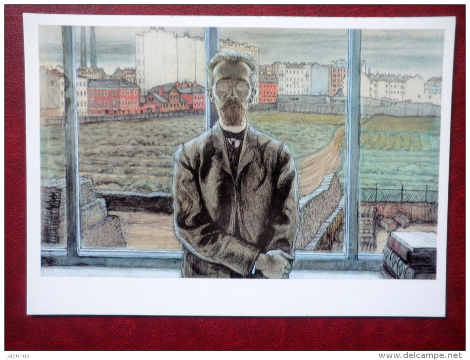 painting by Mstislav Dobuzhinsky , Portrait of M. Sünnenberg - russian art - unused - JH Postcards