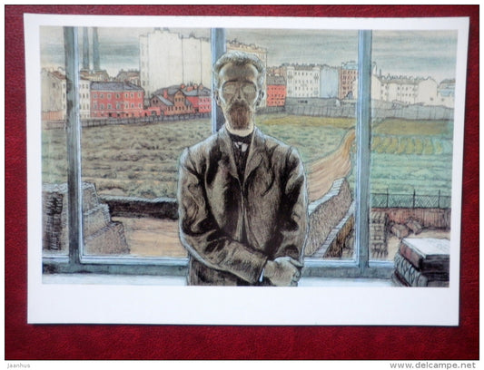 painting by Mstislav Dobuzhinsky , Portrait of M. Sünnenberg - russian art - unused - JH Postcards