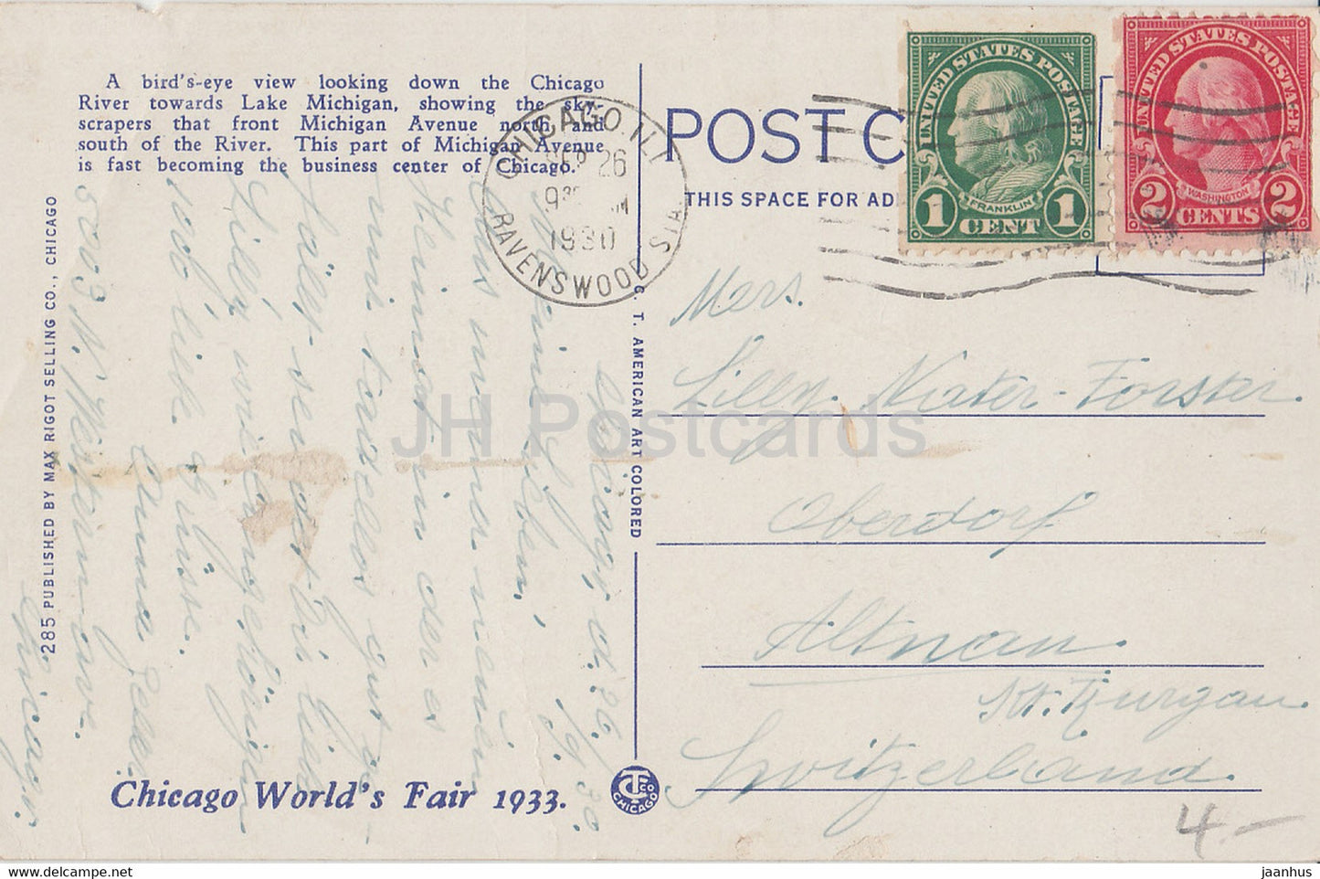 View of Chicago River - Wacker Drive and Michigan Boulevard Bridge - old postcard - 1930 - United States USA - used