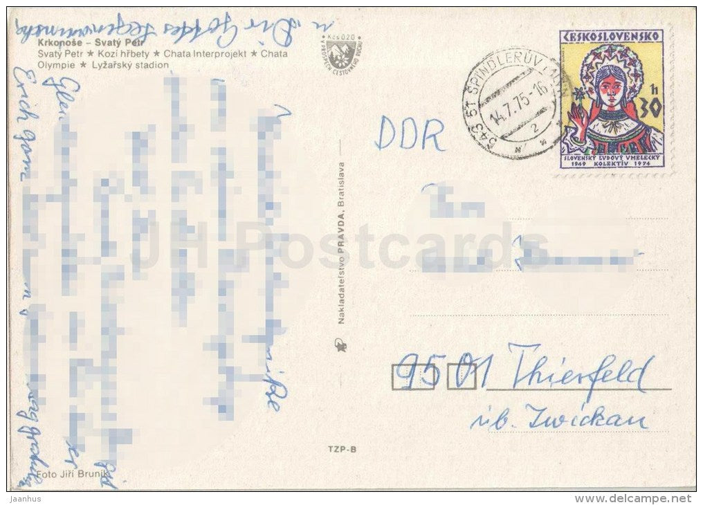 Krkonose - Svaty Petr - Interprojekt cottage - Olympie - ski stadium - ski jumping - Czechoslovakia - Czech - used 1975 - JH Postcards