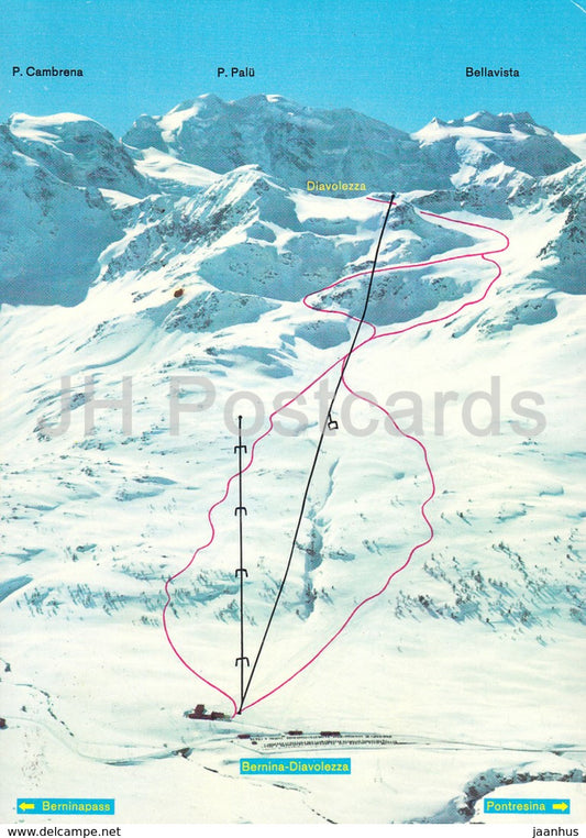 Diavolezza - Abfahrt mit Talstation - Bernina Diavolezza gegen P. Cambrena P. Plau - 1975 - Switzerland - used - JH Postcards