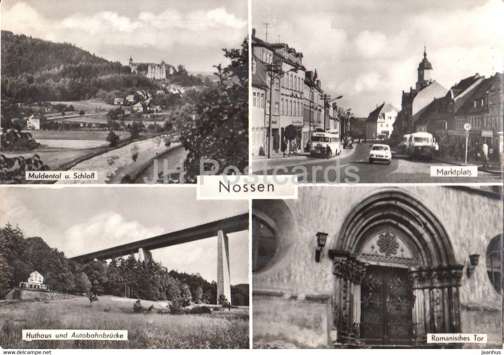 Nossen - Muldental - Marktplatz - bus - Huthaus und Autobahnbrucke - Romanisches Tor - Germany - used - JH Postcards