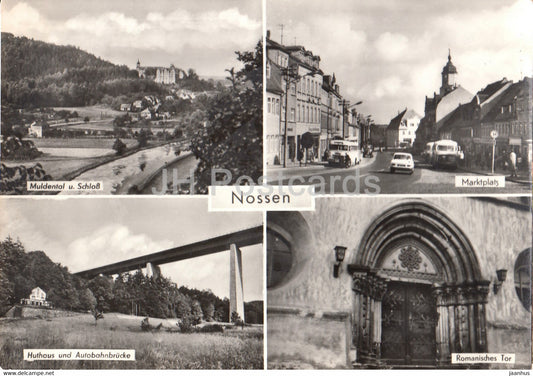 Nossen - Muldental - Marktplatz - bus - Huthaus und Autobahnbrucke - Romanisches Tor - Germany - used - JH Postcards