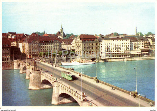 Basel - Basle - Mittlere Brucke - bridge - tram - old postcard - Switzerland - unused - JH Postcards