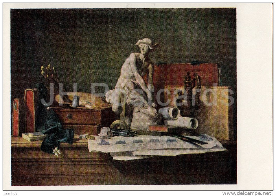 painting by Jean-Baptiste-Simeon Chardin - Still Life with Attributes of Art - French art - Russia USSR - unused - JH Postcards