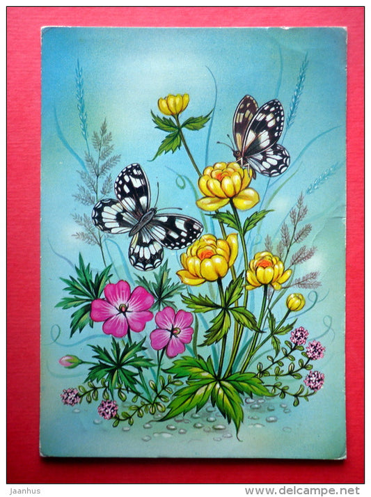 illustration - butterfly - flowers - 3840/4 - Finland - sent from Finland Turku to Estonia USSR 1980 - JH Postcards