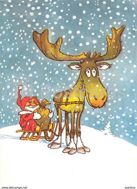 New Year Greeting Card by E. Valter - Santa Claus - Reindeer - 1988 - Estonia USSR - unused - JH Postcards