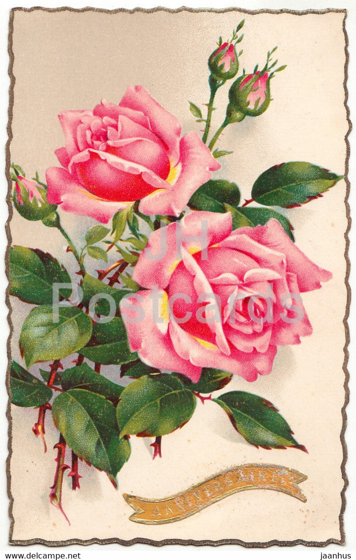 Birthday Greeting Card - Anniversaire - roses - Fleurs GIL 046 - illustration - old postcard - France - used - JH Postcards