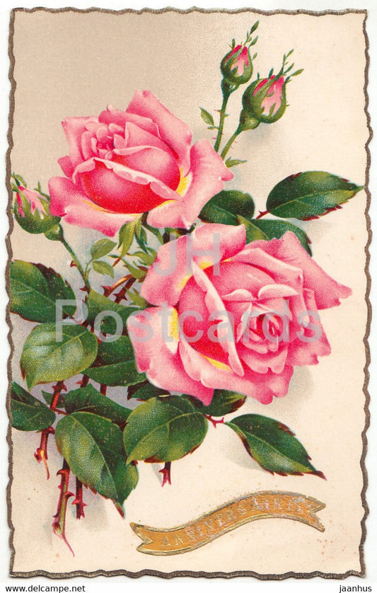 Birthday Greeting Card - Anniversaire - roses - Fleurs GIL 046 - illustration - old postcard - France - used - JH Postcards