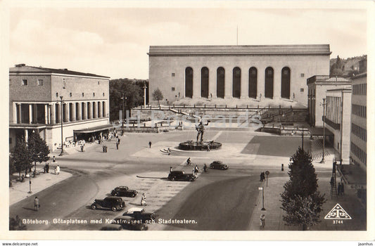 Goteborg - Gotaplatsen med Konstmuseet och Stadsteatern - museum - theatre - car - 3744 - old postcard - Sweden - unused - JH Postcards