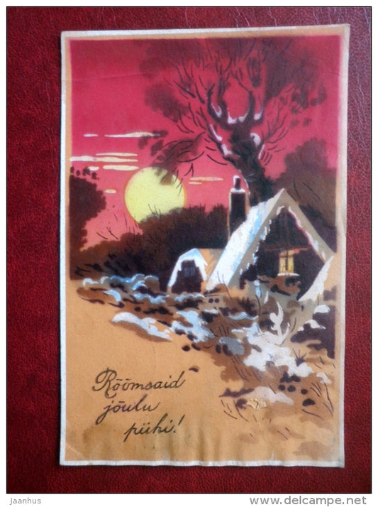Christmas Greeting Card - house in winter - sunset - circulated in Estonia 1939 , Tallinn - Estonia - used - JH Postcards