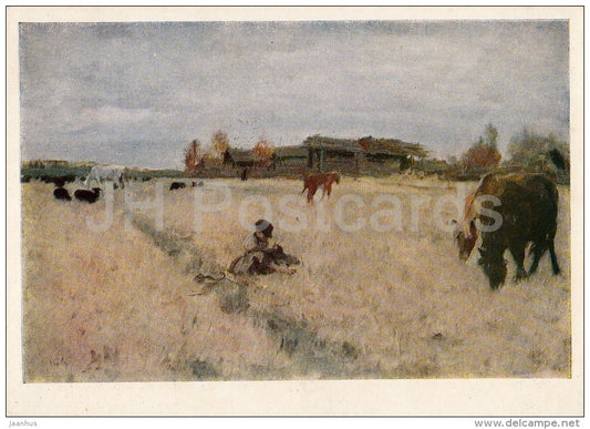 painting by V. Serov - October . Domotkanovo , 1895 - horse - Russian art - 1957 - Russia USSR - unused - JH Postcards