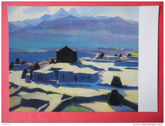 painting by Mger Abegian - Landscape with a Monument of V century AD , 1965 - armenian art - unused - JH Postcards