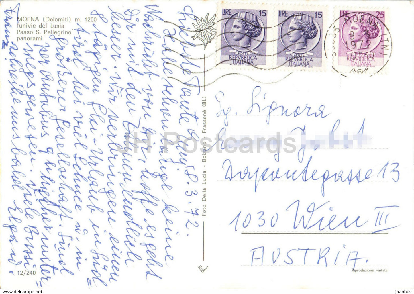 Moena Dolomiti - Lusia - Passo S Pellegrino - panorami - skiing - cable car - 1972 - Italy - used