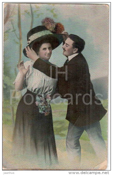 couple - man and woman - hat - 567/V - circulated in Imperial Russia Estonia 1900s - JH Postcards
