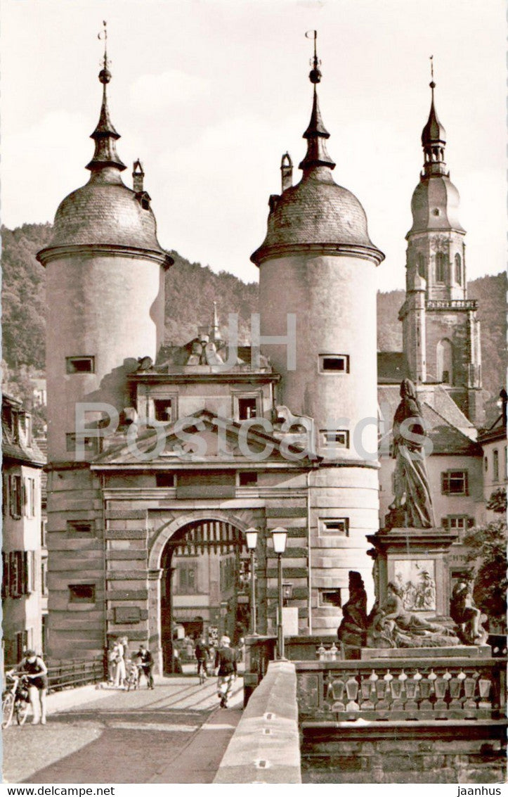 Heidelberg - Das Bruckentor mit Karl Theodor Denkmal - monument - old postcard - 1960 - Germany - used - JH Postcards
