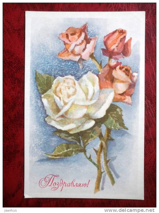 Greeting card - Roses by Volkova - flowers - 1970 - Russia - USSR - unused - JH Postcards