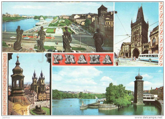 Powder Tower - Old Town Square - Vltava river - hotel Albatros - Praha - Prague - Czechoslovakia - Czech - unused - JH Postcards