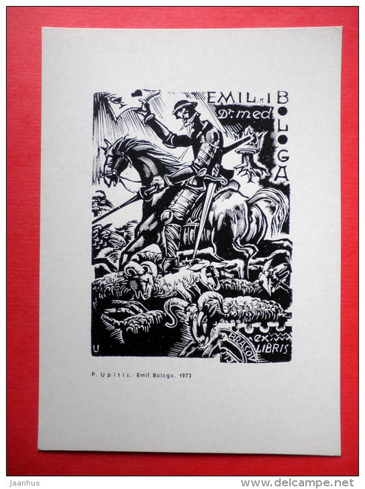 Ex Libris - Emil Bologa - illustration by P. Upitis - Don Quijote - horse - ram - 1975 - Latvia USSR - unused - JH Postcards
