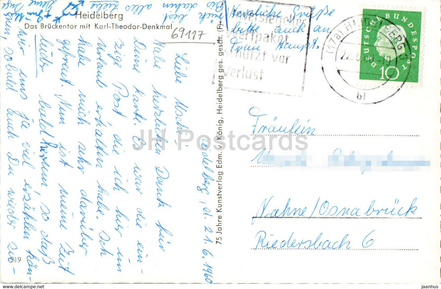 Heidelberg - Das Brückentor mit Karl Theodor Denkmal - Denkmal - alte Postkarte - 1960 - Deutschland - gebraucht