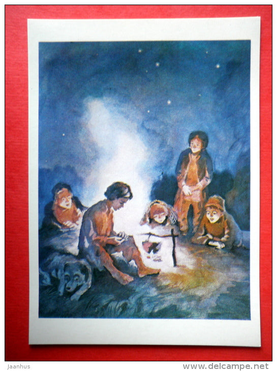 illustration by A. Belyukin  - Bezhin Lea - camp fire - boys - Notes of a Hunter by I. Turgenev - 1980 - Russia - unused - JH Postcards