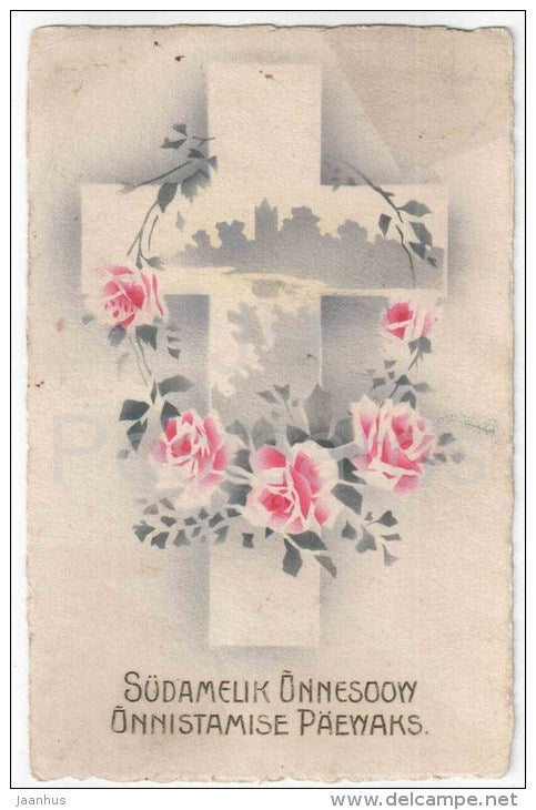 Greeting Card - Cross - flowers - roses - Nr. 5834 - old postcard - circulated in Estonia - JH Postcards