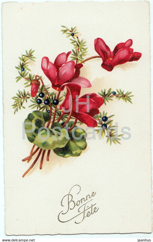 Birthday Greeting Card - Bonne Fete - red flowers - illustration - Amag 2366 - old postcard - 1926 - France - used - JH Postcards