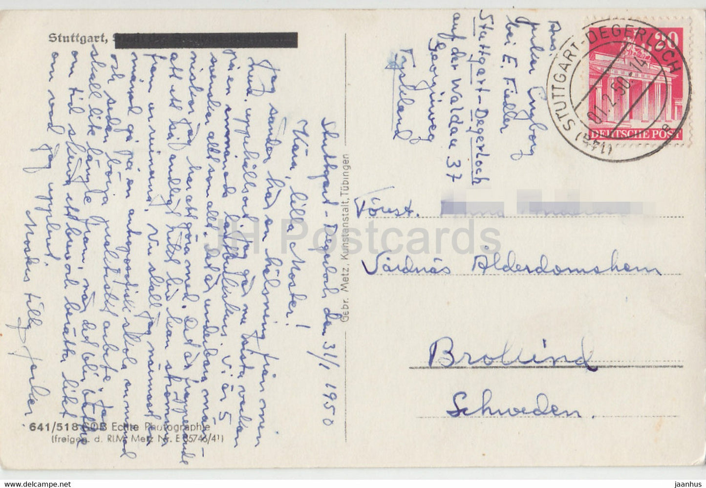 Stuttgart - carte postale ancienne - 1950 - Allemagne - utilisé
