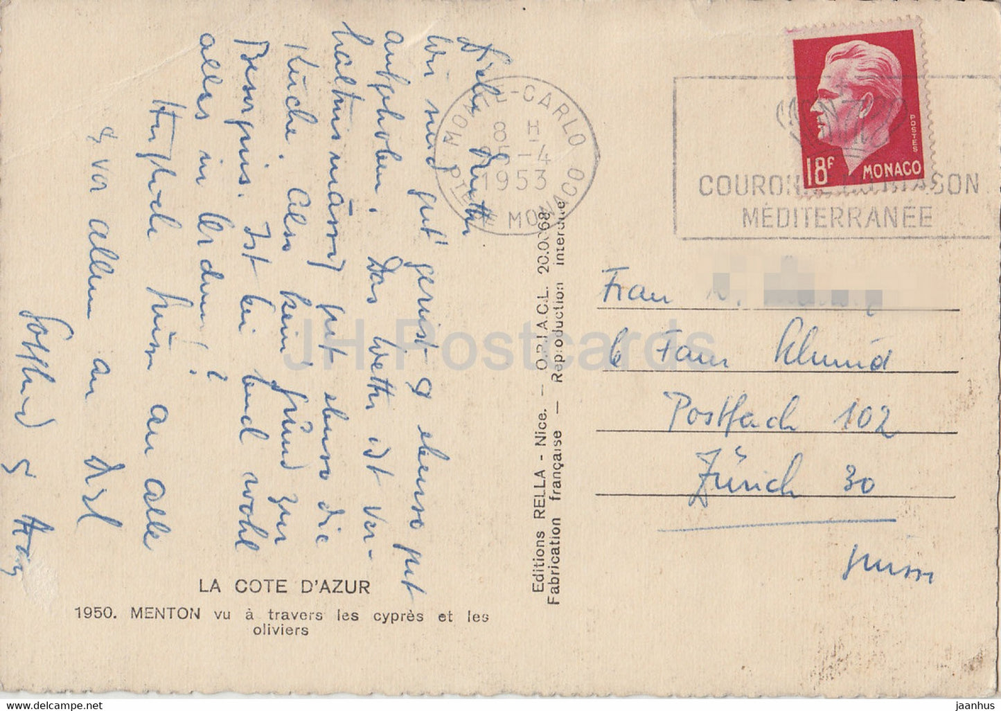 Menton – vu a travers les cypres et les oliviers – Zypressen und Olivenbäume – alte Postkarte – 1953 – Frankreich – gebraucht
