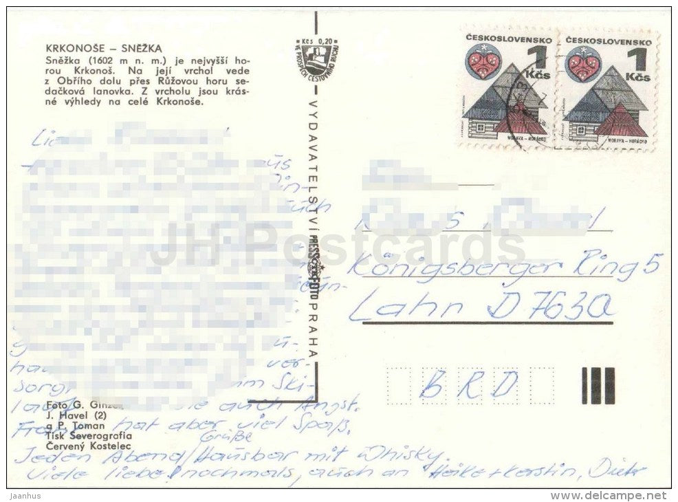 Krkonose - Snezka mountain - winter - Czechoslovakia - Czech - used 1971 - JH Postcards