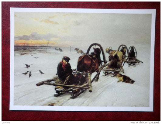 painting by Illarion Pryanishnikov , Empty Sleighs , 1872 - horse - dog - russian art - unused - JH Postcards