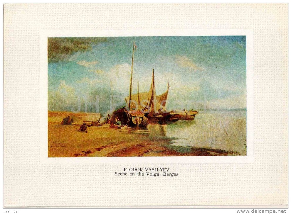 painting by F. Vasilyev - Scene on the Volga river , Barges , 1870 - russian art - unused - JH Postcards
