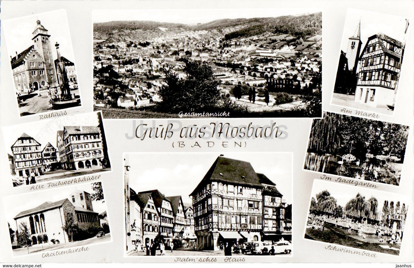 Gruss aus Mosbach - Rathaus - Am Markt - Schwimmbad - Cacilienkirche - 1961 - Germany - used - JH Postcards