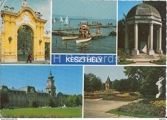 Keszthely - boat - architecture - multiview - 1984 - Hungary - used - JH Postcards