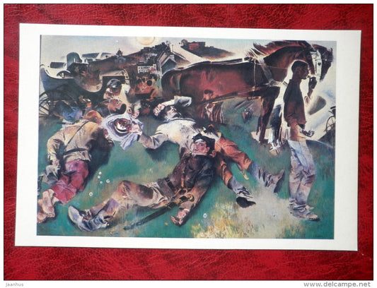 Painting by Y. Moiseyenko - Cherries . 1969 - horse - soldier - russian Art - unused - JH Postcards