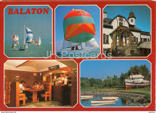 Greeting from lake Balaton - pub - sailing boat - multiview - 1991 - Hungary - used - JH Postcards