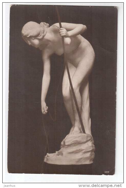 sculpture by V. H. Seifert - Fishing Girl - 339 - old postcard - unused - JH Postcards