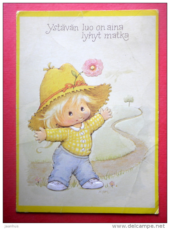 illustration by Rgm - boy - road - Finland - sent from Ukraine USSR Yalta to Estonia USSR 1982 - JH Postcards