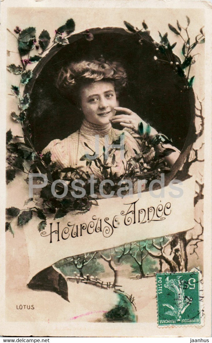 New Year Greeting Card - Heureuse Annee - woman - LOTUS - old postcard - France - used - JH Postcards