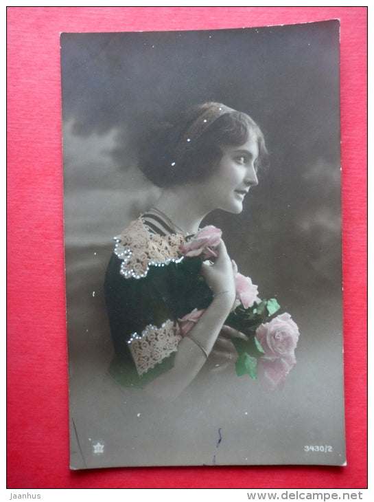 woman - lady - flowers - roses - KB 3430/2 - circulated in Estonia - JH Postcards