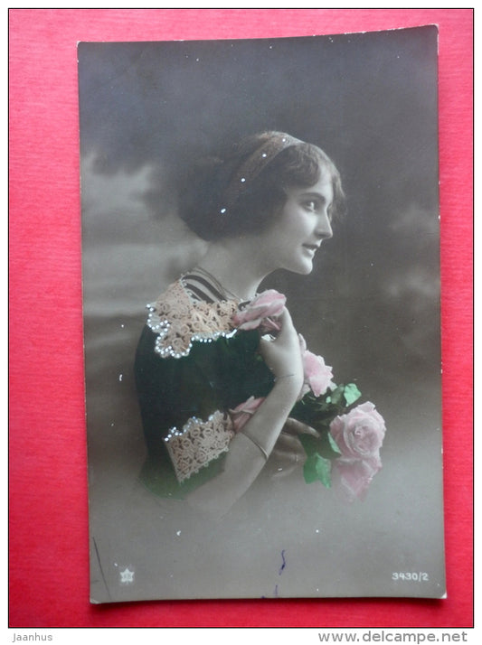 woman - lady - flowers - roses - KB 3430/2 - circulated in Estonia - JH Postcards