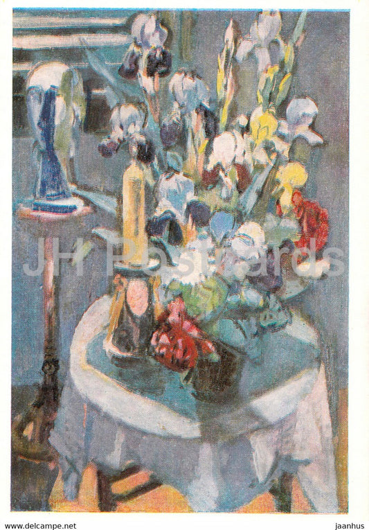 painting by Jutta Damme - Interieur mit Scwertlilien - Iris - flowers - German art - Germany DDR - unused - JH Postcards