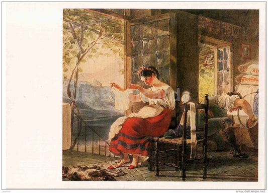painting by K. Bryullov - Italian Family , 1831 - woman and man working - Russian art - 1985 - Russia USSR - unused - JH Postcards